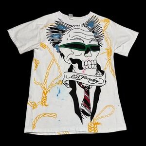 Y2K Ed Hardy Chrisitan Audigier All Over Print Stained White Shirt Youth 2XL